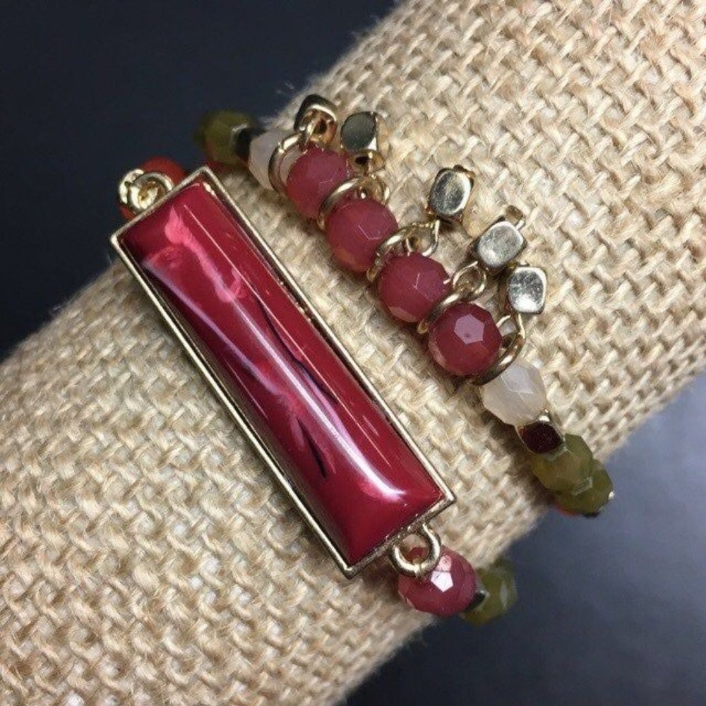 Double Stretch Bracelet Gold Maroon Green Orange Pink Faceted Cube Retro BoHo
